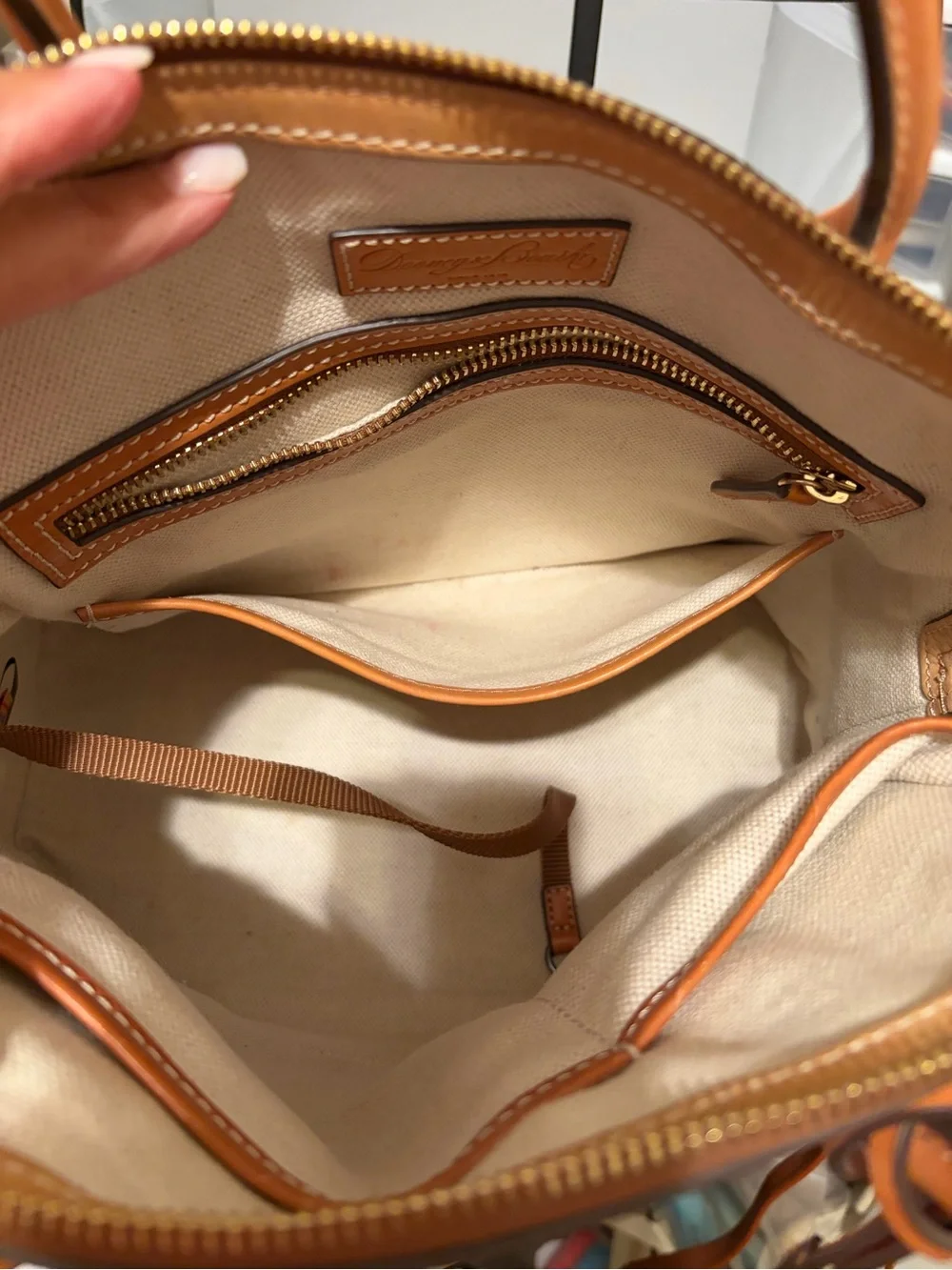 Dooney & Bourke Cream Floral Monogram Satchel with Brown Trim